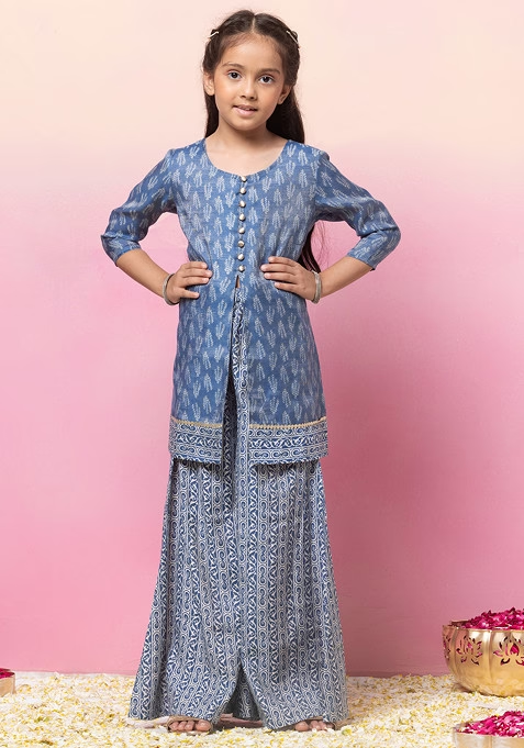 Indigo Blue Block Print Sharara With Kurta (Set of 2)