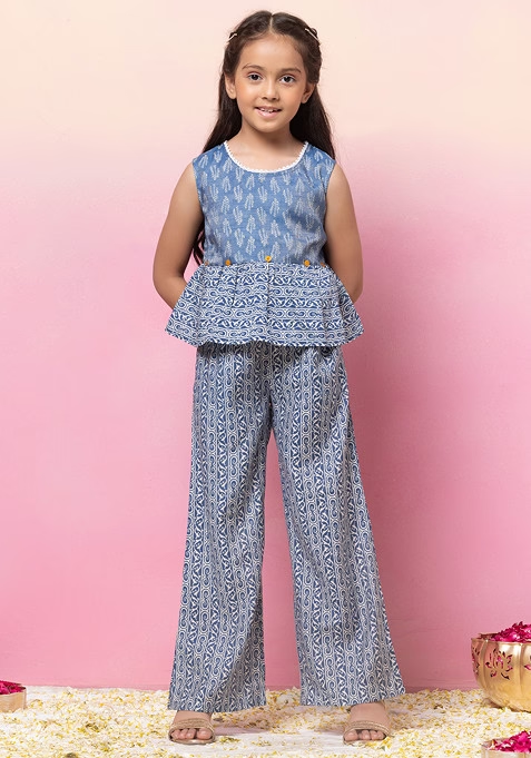 Indigo Blue Block Print Crop Top And Pants (Set of 2)