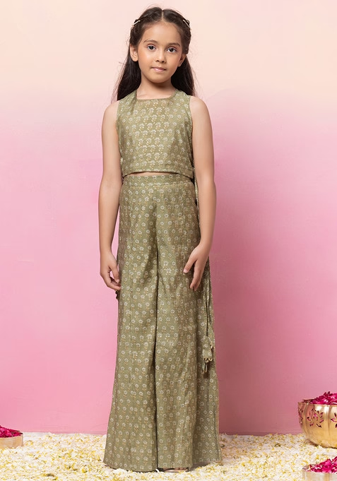 Green Boota Print Back Tie Up Crop Top With Palazzo Pants (Set of 2)