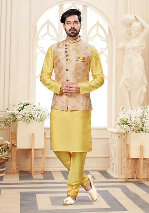 Lemon Yellow Printed Silk Jacket Set For Men