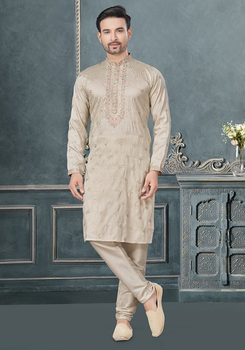 Cream Embroidered Cotton Kurta Set For Men