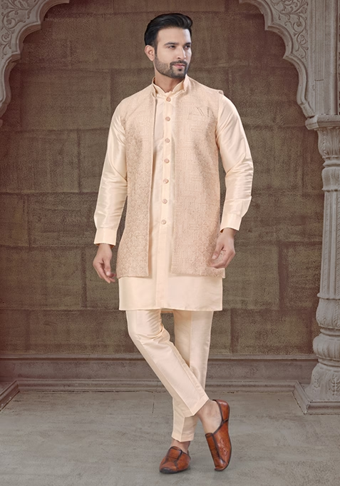 Pink Embroidered Silk Indo Western Sherwani Set For Men