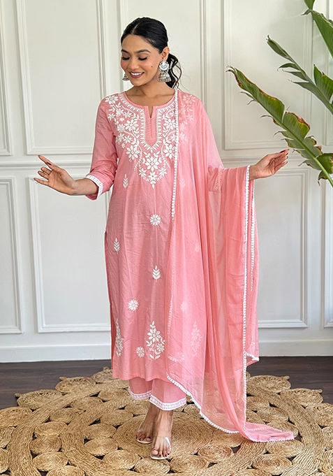 Peach Chikankari Cotton Kurta Set With Dupatta