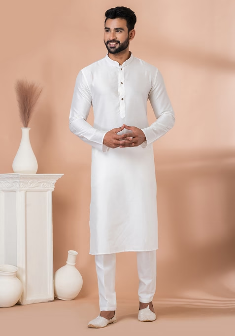White Solid Georgette Kurta Set For Men