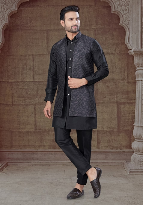 Black Embroidered Silk Indo Western Sherwani Set For Men