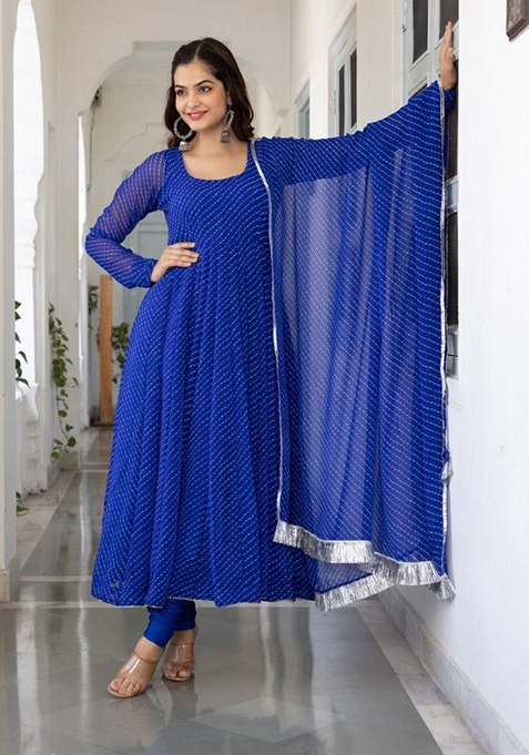 Blue Printed Georgette Anarkali Set