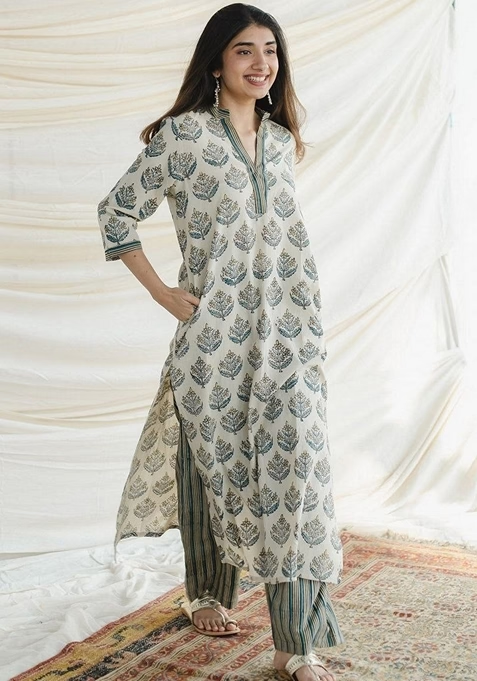 White Digital Print Rayon Kurta Set