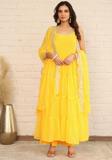 Yellow Embroidered Georgette Kurta Set With Dupatta